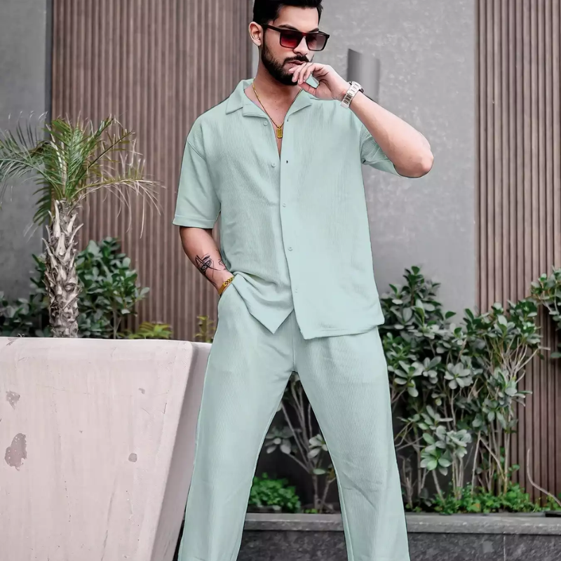 Summer Outfits Button Up Pistachio Green Linen Shirt and Pants Set