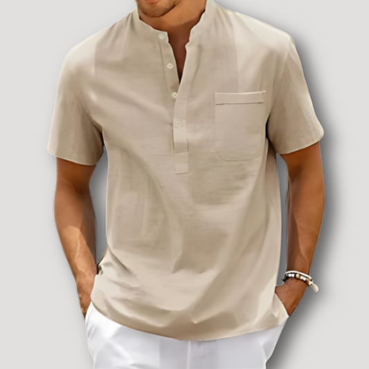 Casual Solid color Short Sleeve Cotton-Linen Henley Shirt for Men