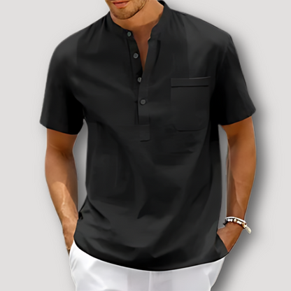 Casual Solid color Short Sleeve Cotton-Linen Henley Shirt for Men