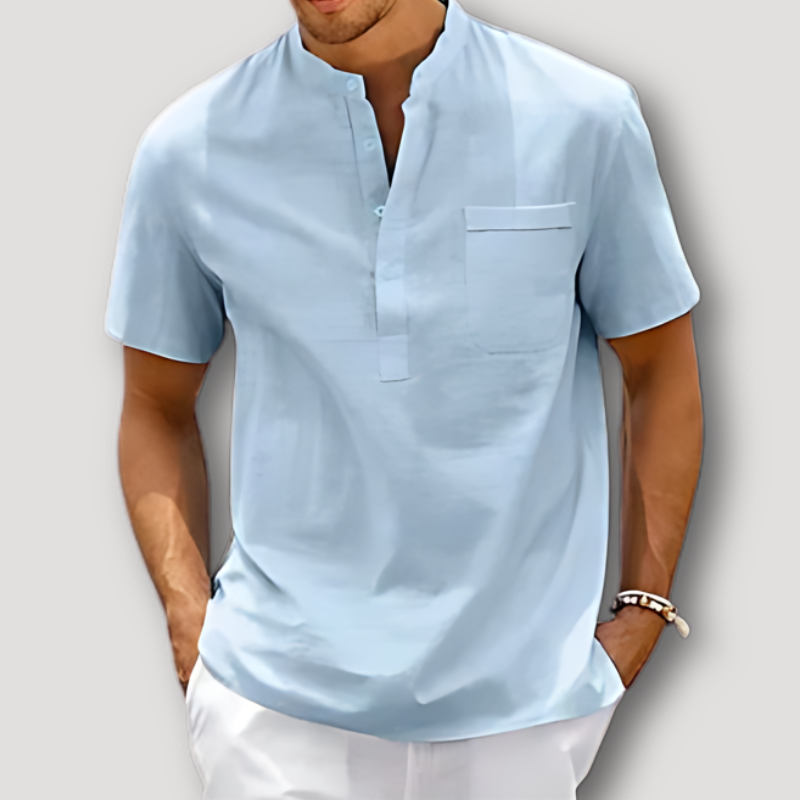 Casual Solid color Short Sleeve Cotton-Linen Henley Shirt for Men