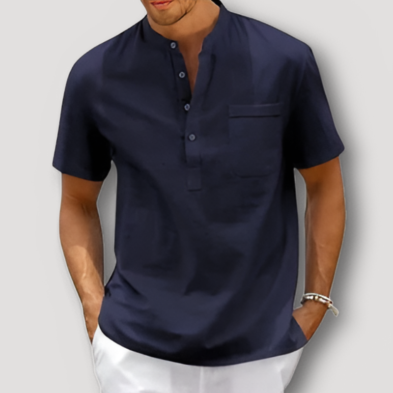 Casual Solid color Short Sleeve Cotton-Linen Henley Shirt for Men