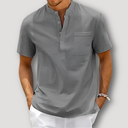 Casual Solid color Short Sleeve Cotton-Linen Henley Shirt for Men