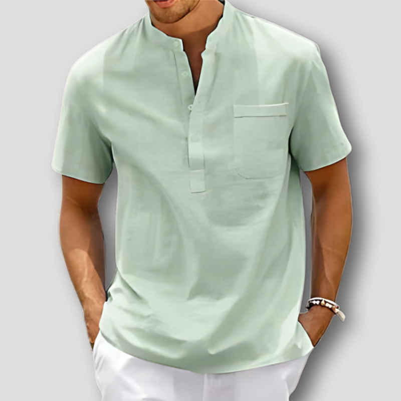 Casual Solid color Short Sleeve Cotton-Linen Henley Shirt for Men