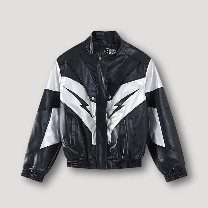 Color Blocked Lightning Patchwork Black Leather Motorcycle Jacket