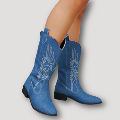 Slip On Mid Calf Wings Embroidery Cowboy Boots in Australia