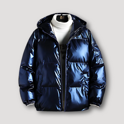 Quilted Cotton Filling Metallic Hooded Puffer Jacket Men