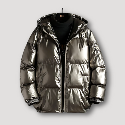 Quilted Cotton Filling Metallic Hooded Puffer Jacket Men