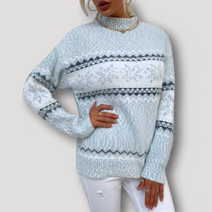 Geometric Snowflake Pattern Mock Neck Knit Sweater Women