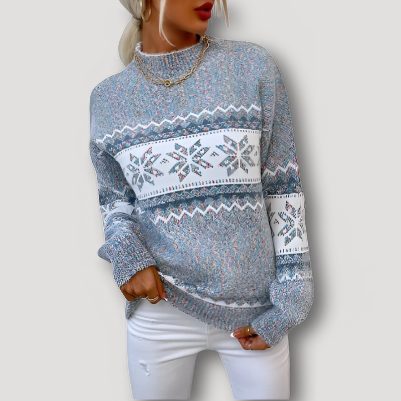 Geometric Snowflake Pattern Mock Neck Knit Sweater Women