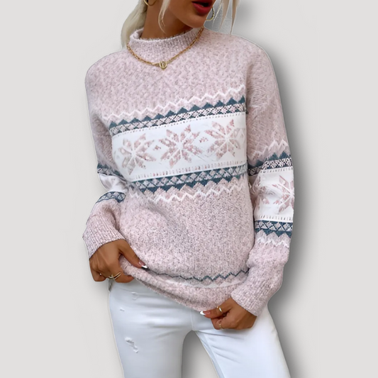 Geometric Snowflake Pattern Mock Neck Knit Sweater Women