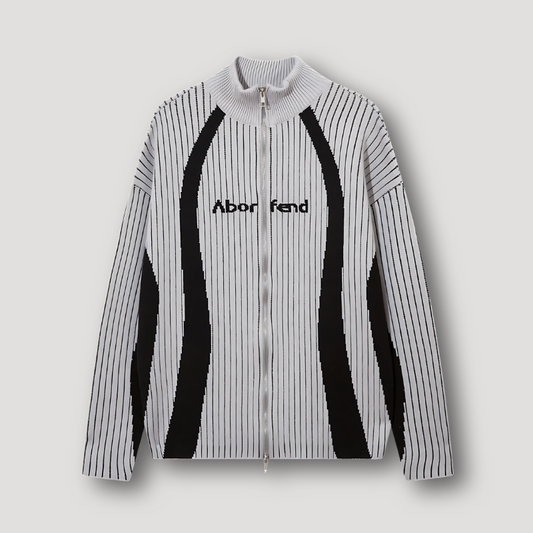 Aborfend Color Blocked Pinstripe Zip Up Knit Sweater Oversized