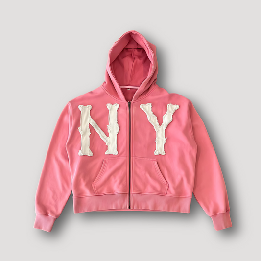 New York NY Embroidery Patchwork Zip Up Hoodie