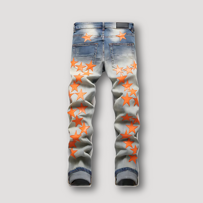 Orange Stars Patchwork Slim Fit Faded Denim Ripped Jeans for Men