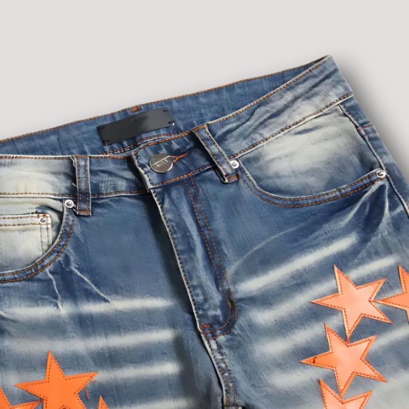 Orange Stars Patchwork Slim Fit Faded Denim Ripped Jeans for Men