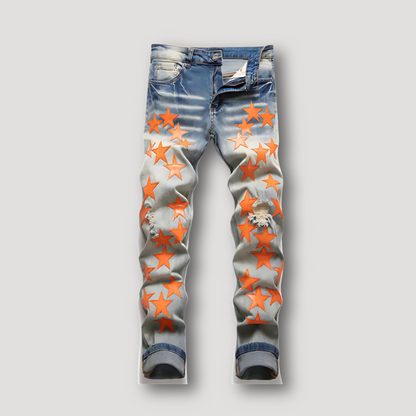 Orange Stars Patchwork Slim Fit Faded Denim Ripped Jeans for Men