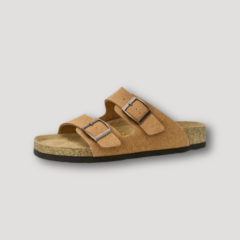 Cork Footbed Double Buckle Suede Leather Strap Sandals