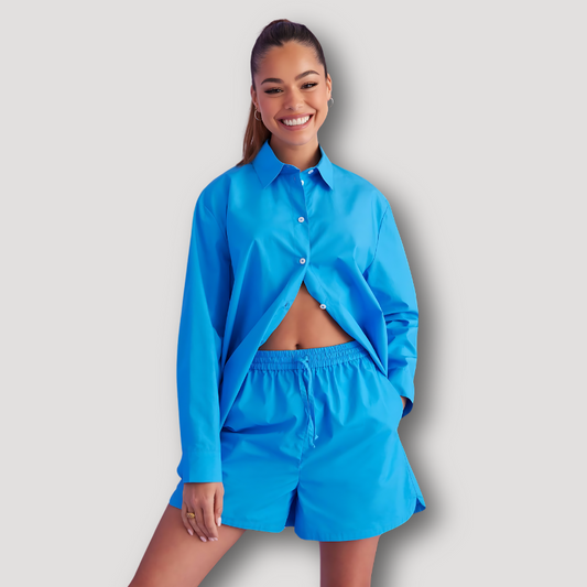 Color Blocked Button Up Shirt and Short Set Women's