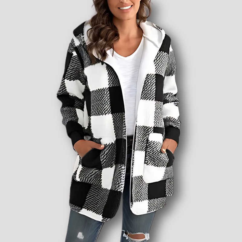 Oversized Zip Up Hooded Check Coat for Women