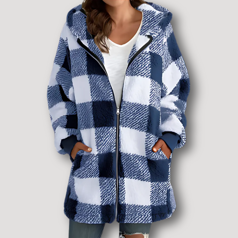 Oversized Zip Up Hooded Check Coat for Women