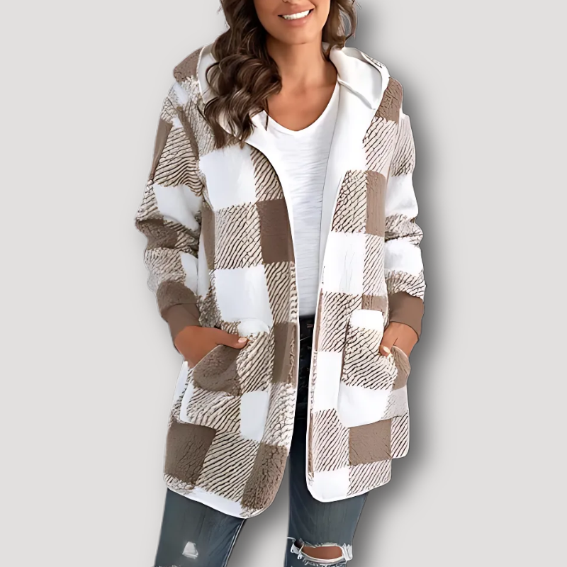 Oversized Zip Up Hooded Check Coat for Women