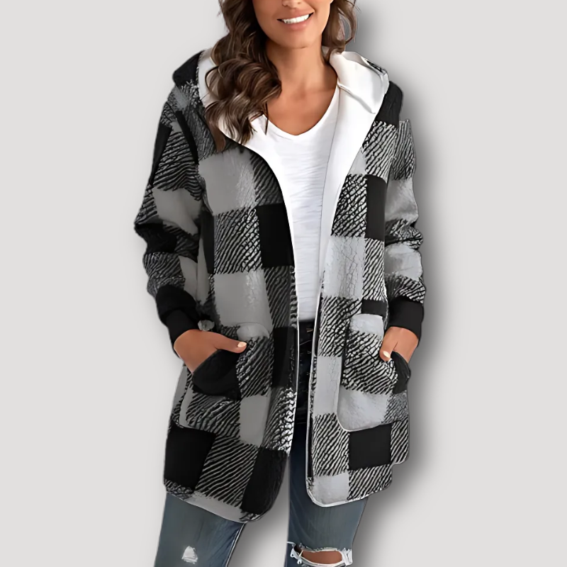 Oversized Zip Up Hooded Check Coat for Women