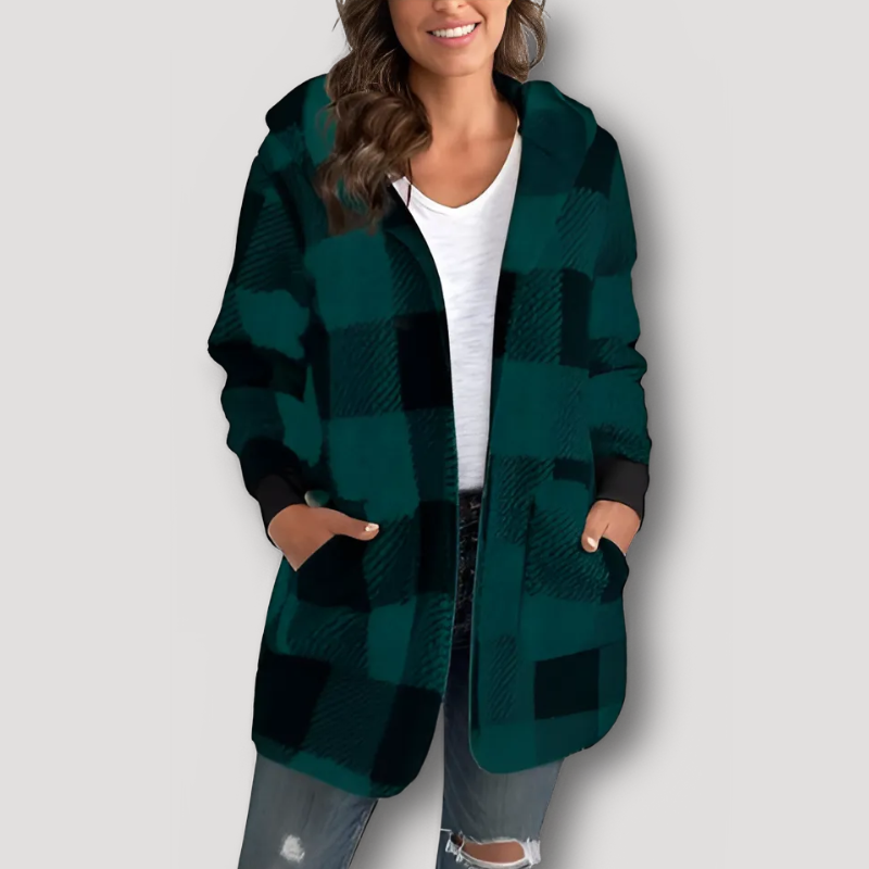 Oversized Zip Up Hooded Check Coat for Women