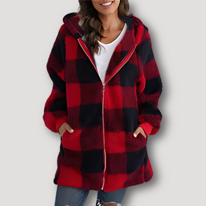 Oversized Zip Up Hooded Check Coat for Women