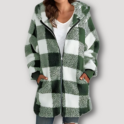 Oversized Zip Up Hooded Check Coat for Women