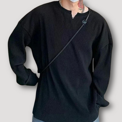 Ribbed Knit Long Sleeve V Neck Shirts Men