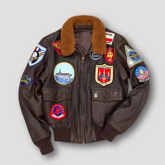 Vintage Embroidered Patches Brown Aviator Jacket Men's