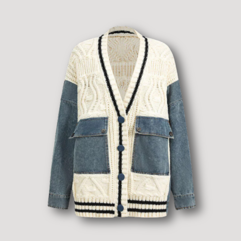 Unique Patchwork Denim Accents Knit Cardigan for Women