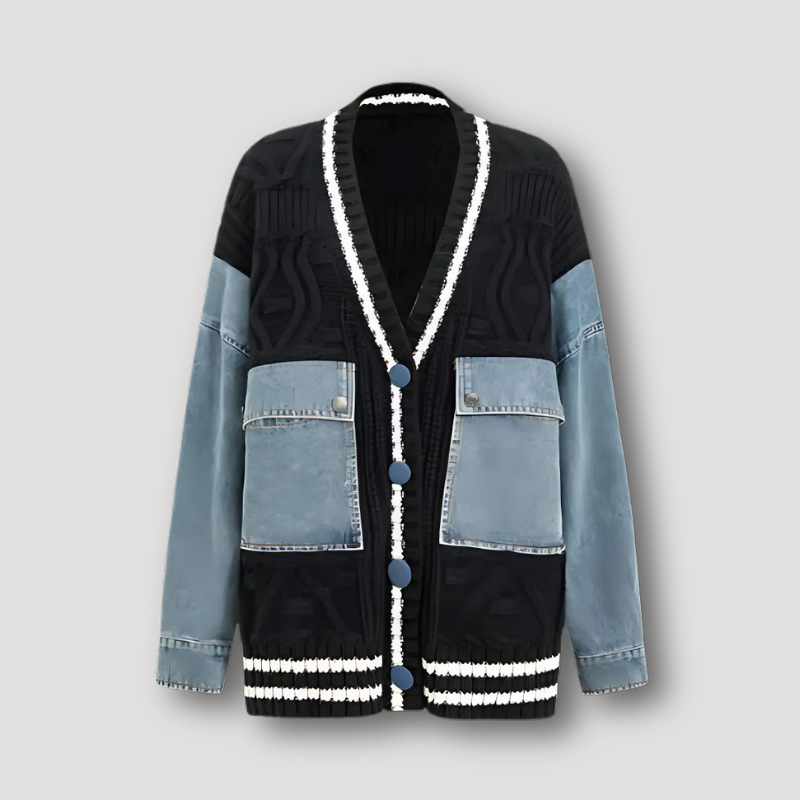 Unique Patchwork Denim Accents Knit Cardigan for Women