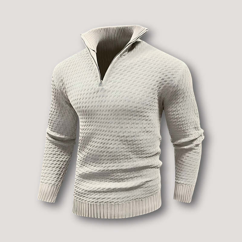 Slim Fit Quarter Zip Textured Waffle Knitted Pattern Sweater