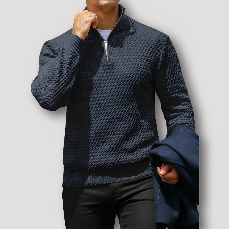 Slim Fit Quarter Zip Textured Waffle Knitted Pattern Sweater