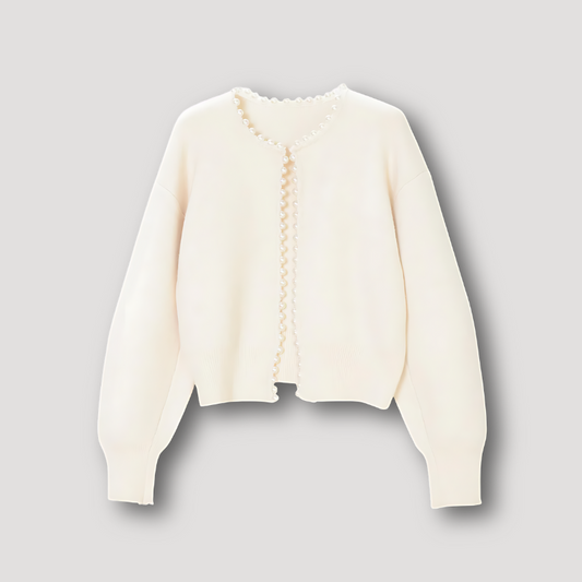 Knit Pearl Embellished Frayed Lantern Sleeve Cardigan Sweater Women