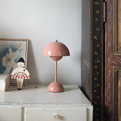 Pink Mushroom Lamp Table - Led - Retro - Cordless Portable - Metal - Rechargeable