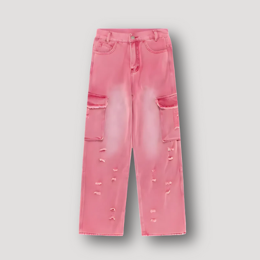 Pink Ripped Cargo Denim Wide Leg Baggy Jeans on Women