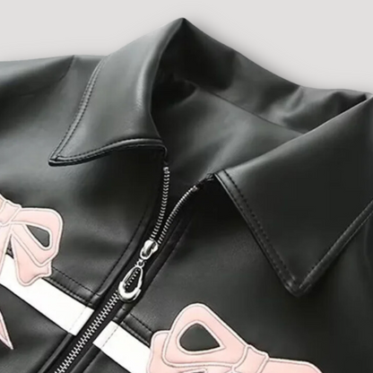 Pink Bow Black Leather Jacket for Ladies