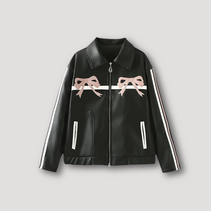 Pink Bow Black Leather Jacket for Ladies