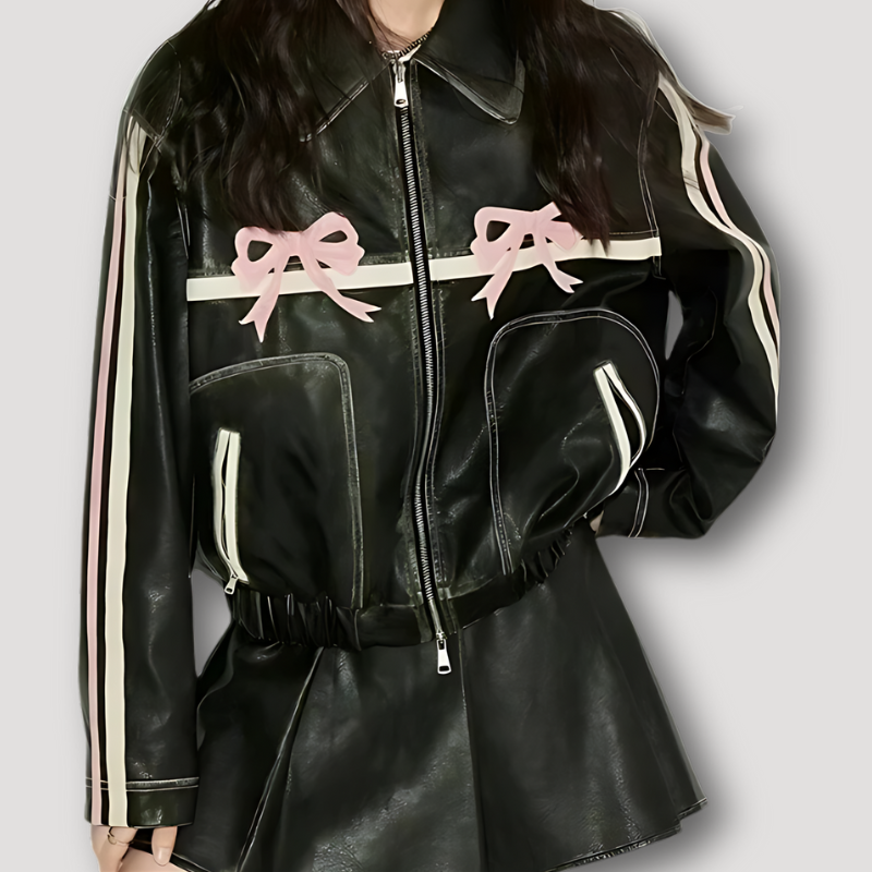 Pink Bow Black Leather Jacket for Ladies