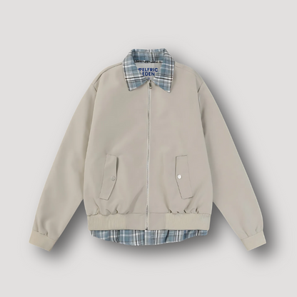 Layered Check Collar Shirt Patchwork Zip Up Jacket