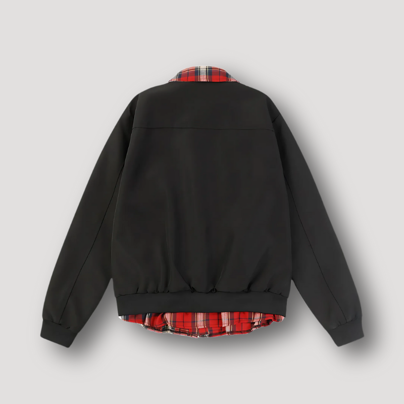 Layered Check Collar Shirt Patchwork Zip Up Jacket