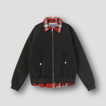 Layered Check Collar Shirt Patchwork Zip Up Jacket