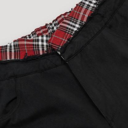 Red Plaid Waistband Black Cargo Pants Women