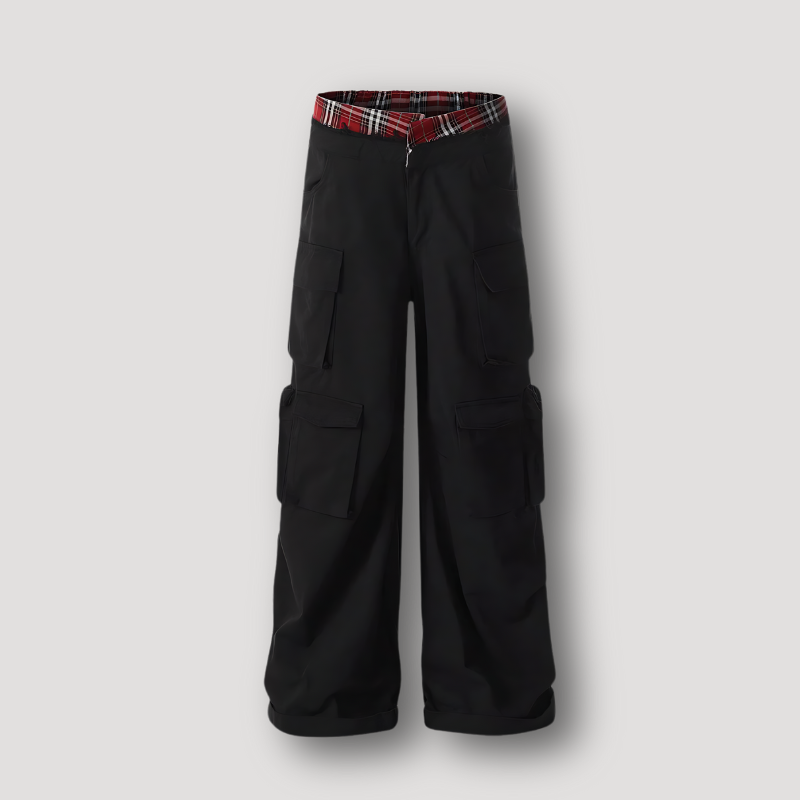 Red Plaid Waistband Black Cargo Pants Women