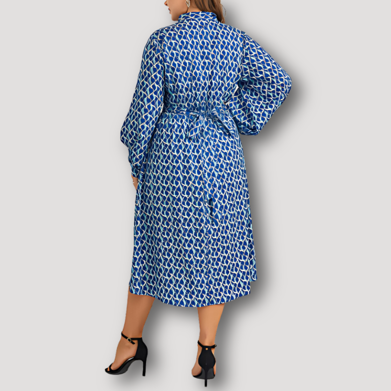 Blue Patterned Tie Neck Long Slit Sleeve Midi Dress Australia