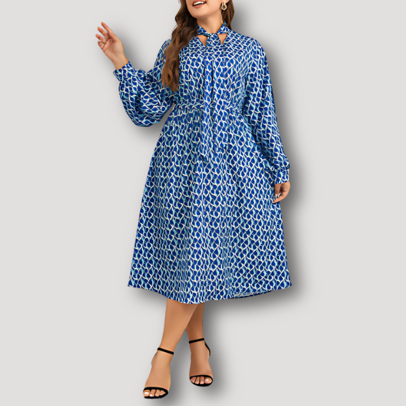 Blue Patterned Tie Neck Long Slit Sleeve Midi Dress Australia