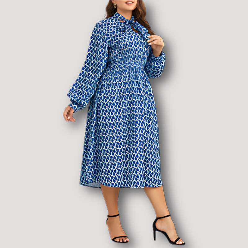 Blue Patterned Tie Neck Long Slit Sleeve Midi Dress Australia