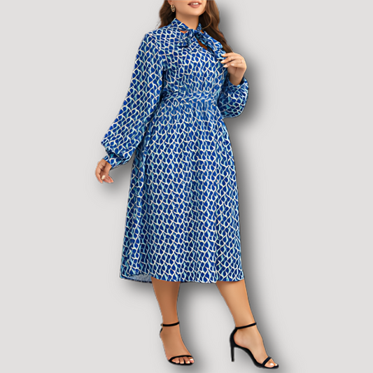 Blue Patterned Tie Neck Long Slit Sleeve Midi Dress Australia