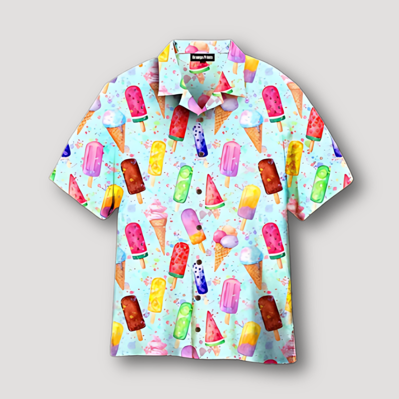 Ice Cream Popsicle Graphic Short Sleeve Summer Hawaiian Shirt